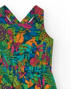 Robe pour fille avec imprimé tropical multicolore et bretelles croisées.