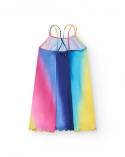 Robe pour fille en bleu et rose avec fines bretelles.