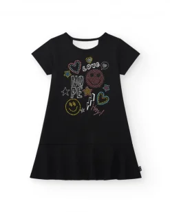 Robe pour fille en noir, à manches courtes, décorée avec des appliques colorées.