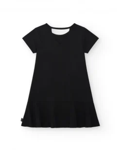 Robe pour fille en noir, à manches courtes, décorée avec des appliques colorées.