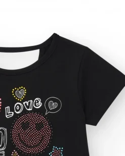 Robe pour fille en noir, à manches courtes, décorée avec des appliques colorées.