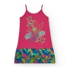 Robe pour fille en rose avec imprimé tropical et fleur brodée.