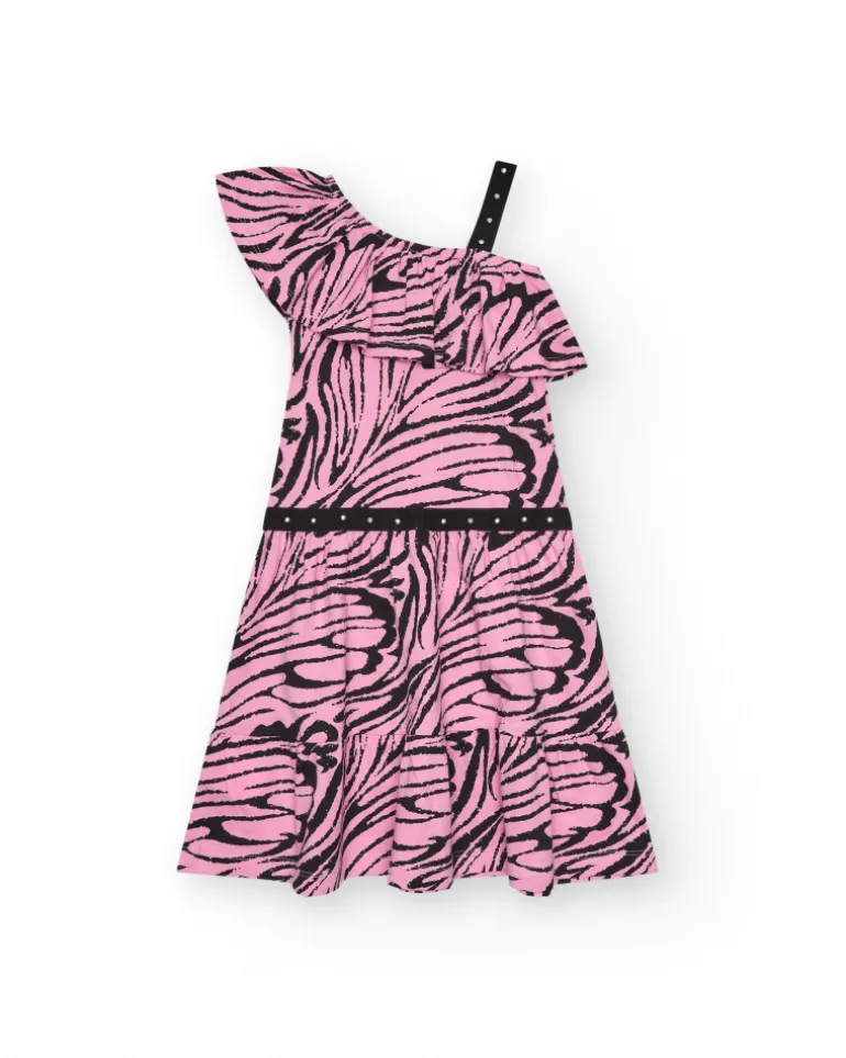Robe pour fille en rose et noir avec design asymétrique et détails appliqués.