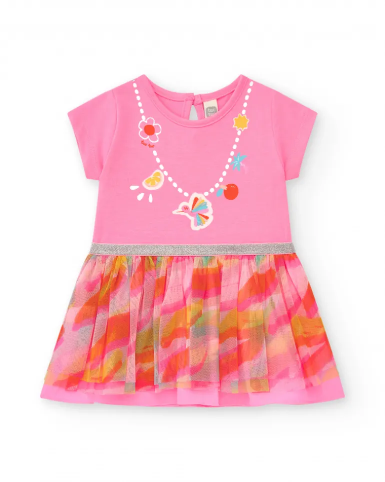 Robe rose pour fille avec jupe imprimée et bordure argentée