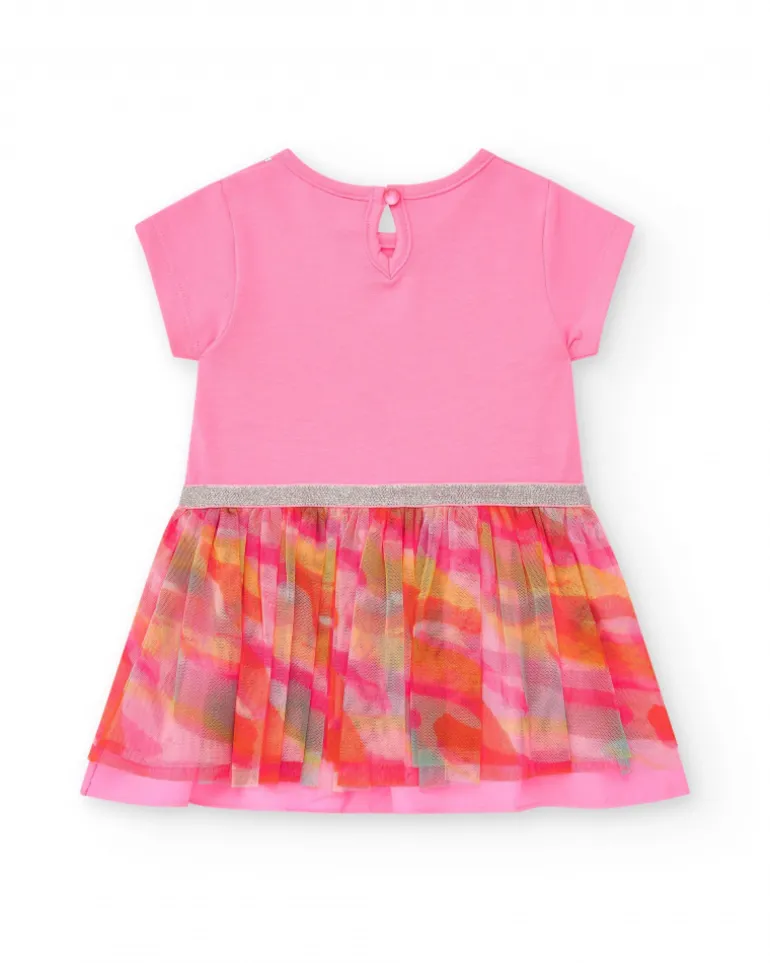 Robe rose pour fille avec jupe imprimée et bordure argentée