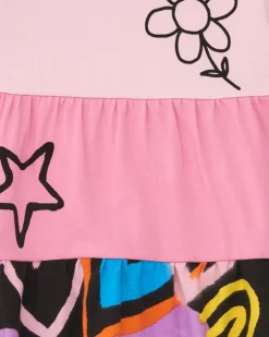 Robe rose pour fille avec étoiles et fleurs multicolores