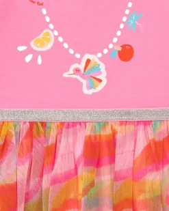 Robe rose pour fille avec jupe imprimée et bordure argentée