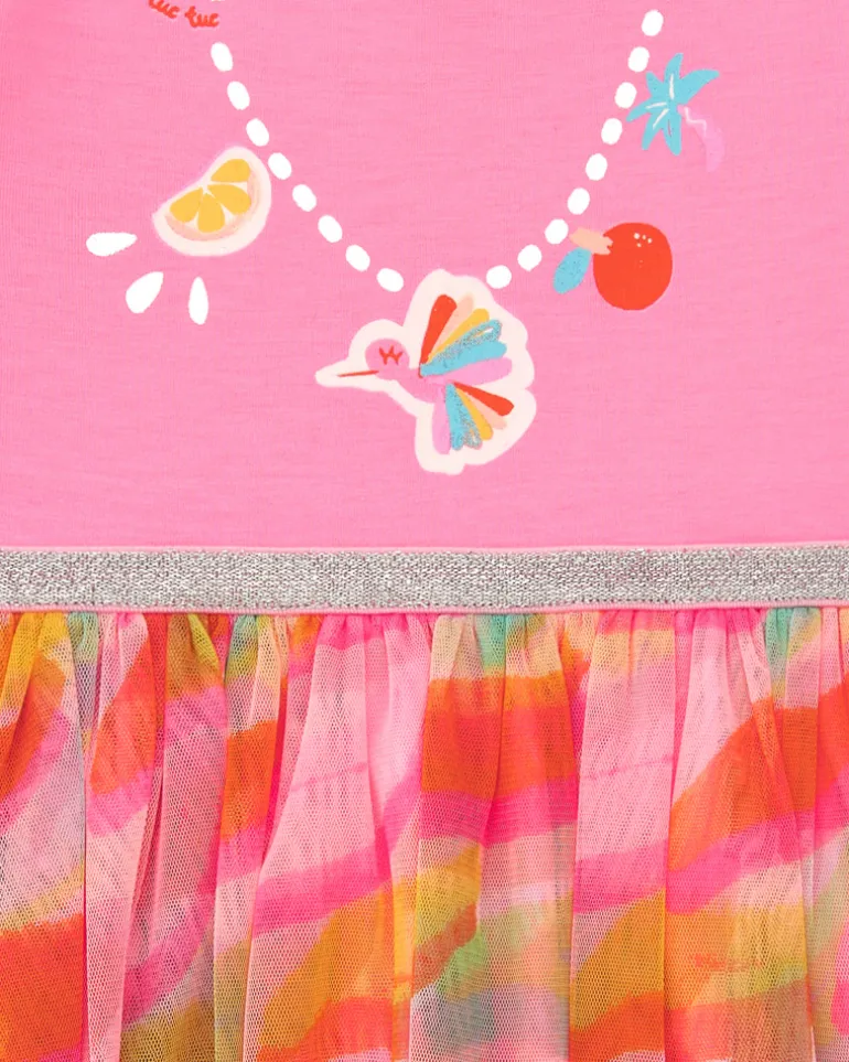 Robe rose pour fille avec jupe imprimée et bordure argentée
