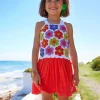 Robe rouge pour fille avec jupe en toile et haut en crochet floral