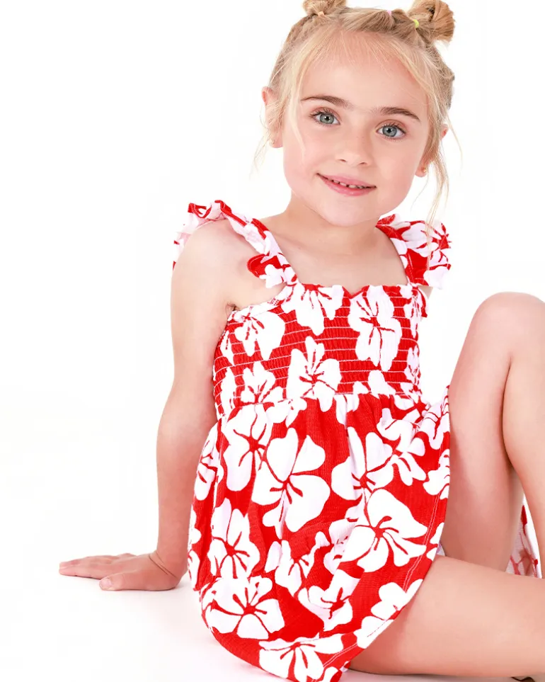 Robe rouge pour fille avec imprimé floral et bretelles froncées
