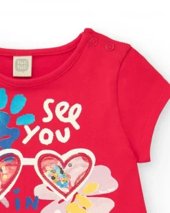 Robe rouge pour fille avec jupe fleurie et détails en sequins