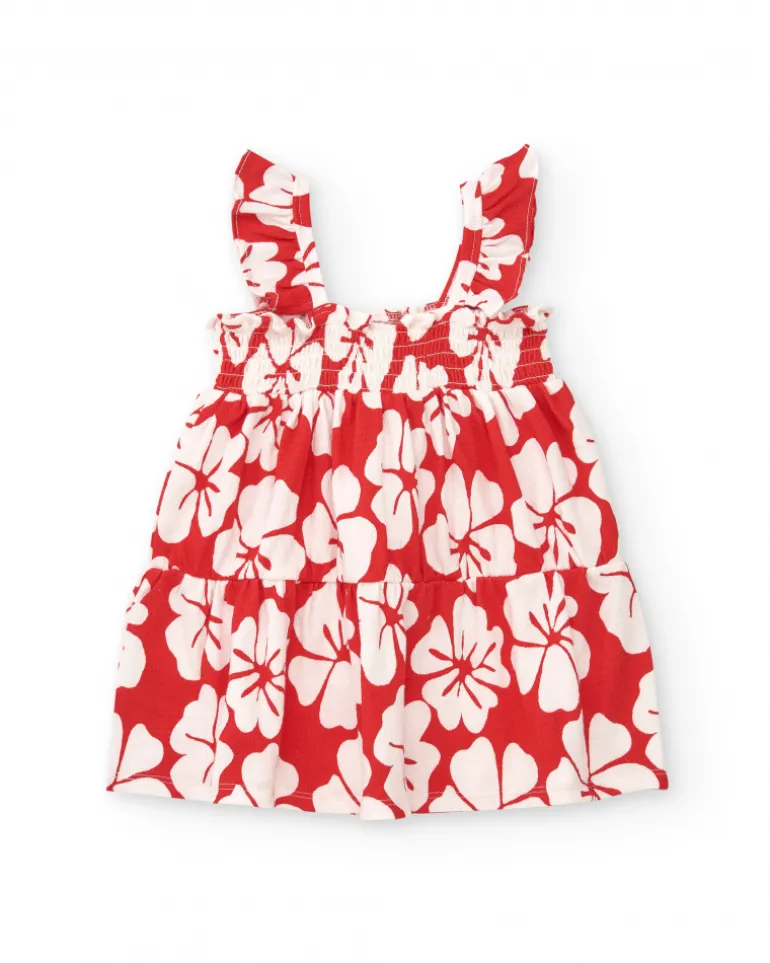 Robe rouge pour fille avec imprimé floral et bretelles froncées