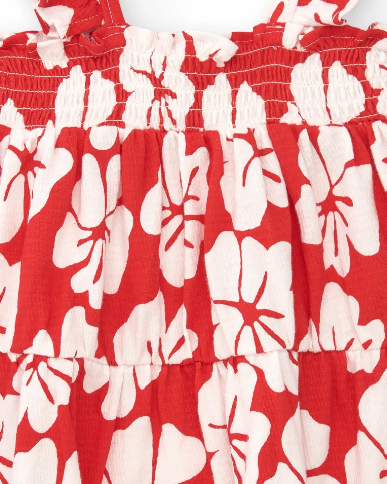 Robe rouge pour fille avec imprimé floral et bretelles froncées