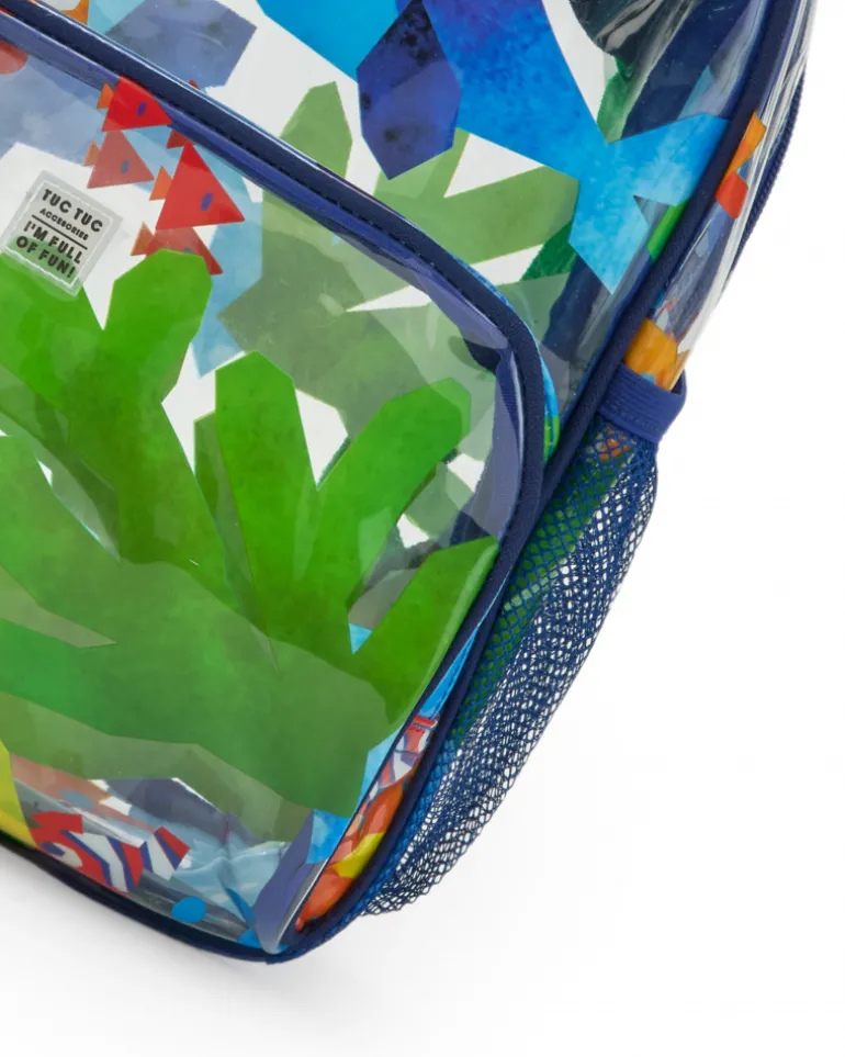 Sac à dos bleu pour garçon avec poissons et poche transparente
