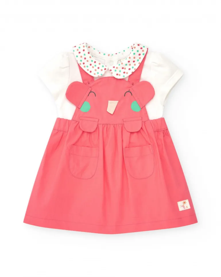 Salopette rose pour fille avec éléphant en relief et t-shirt blanc à pois