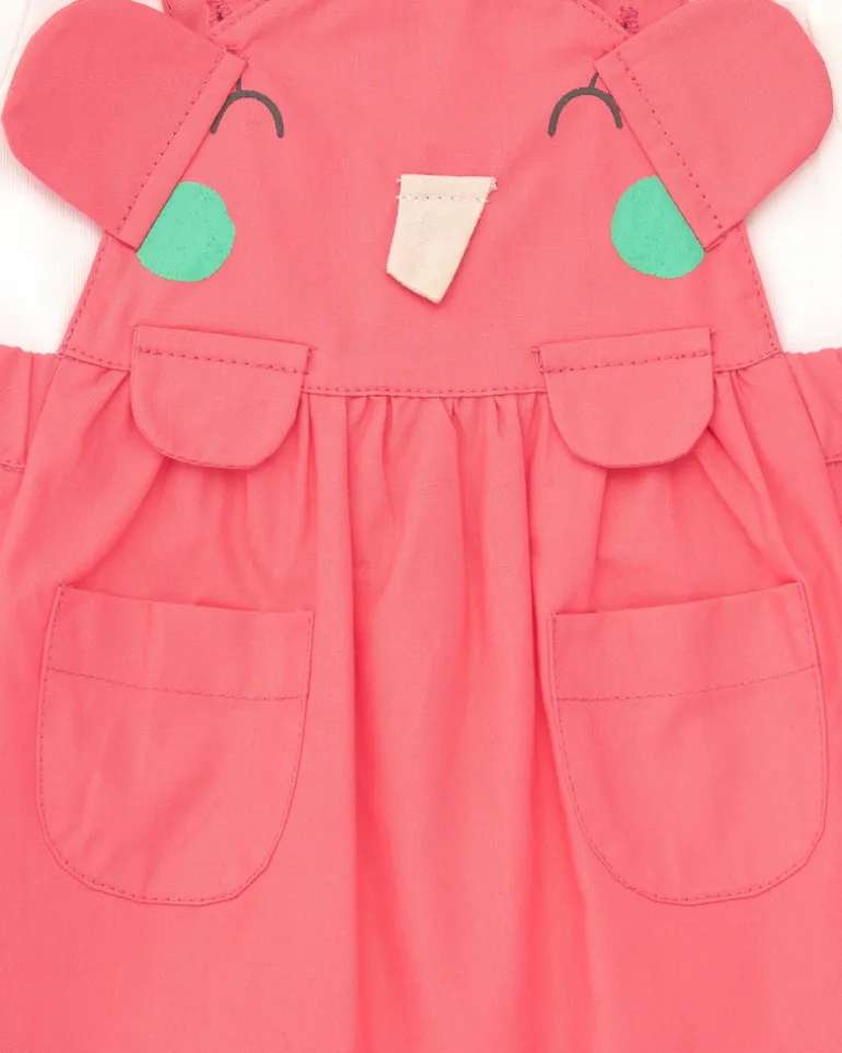 Salopette rose pour fille avec éléphant en relief et t-shirt blanc à pois