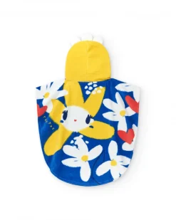 Serviette-poncho bleue pour fille avec fleurs et capuche jaune