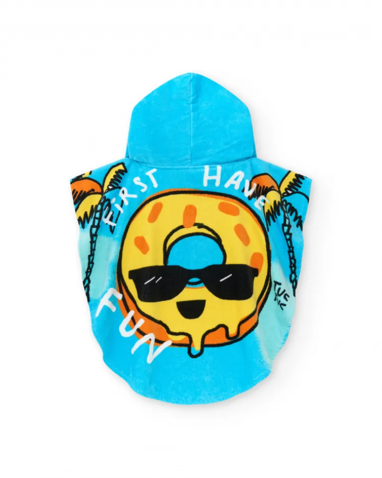 Serviette-poncho bleue pour garçon avec donut et phrase "FIRST HAVE FUN"