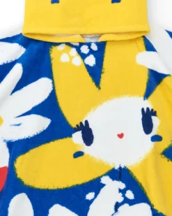 Serviette-poncho bleue pour fille avec fleurs et capuche jaune