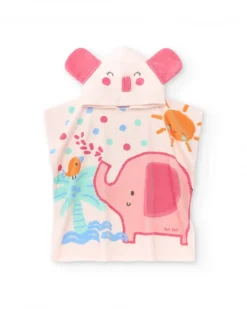 Serviette-poncho pour fille rose avec imprimé tropical et capuche avec oreilles
