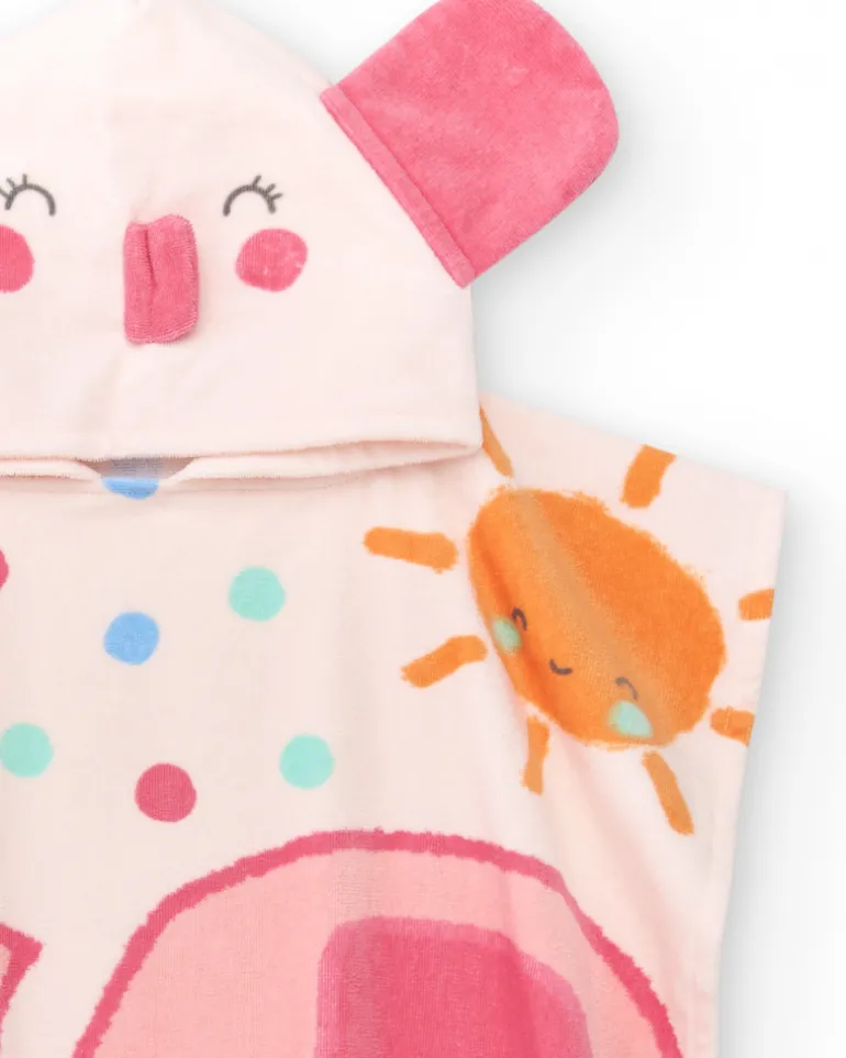 Serviette-poncho pour fille rose avec imprimé tropical et capuche avec oreilles