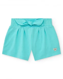 Short bleu pour fille avec taille élastique et nœud