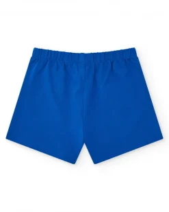 Short bleu pour fille avec taille élastique et nœud rouge