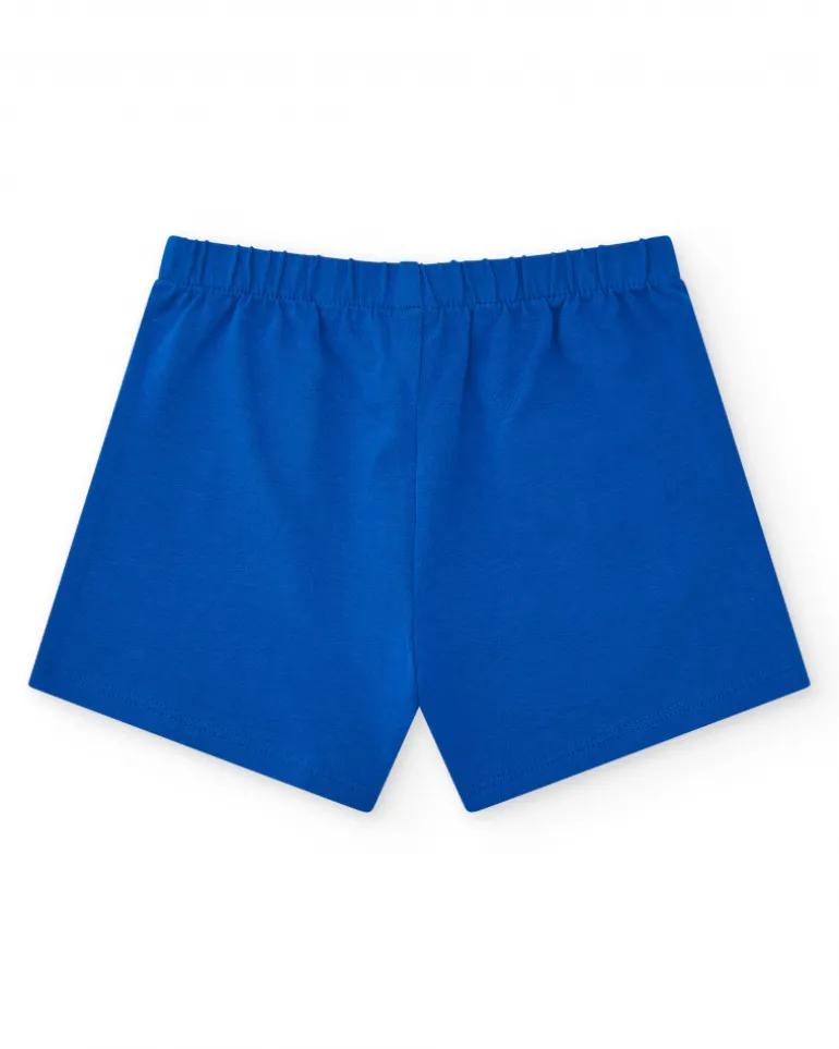 Short bleu pour fille avec taille élastique et nœud rouge