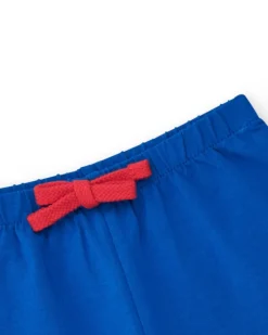 Short bleu pour fille avec taille élastique et nœud rouge