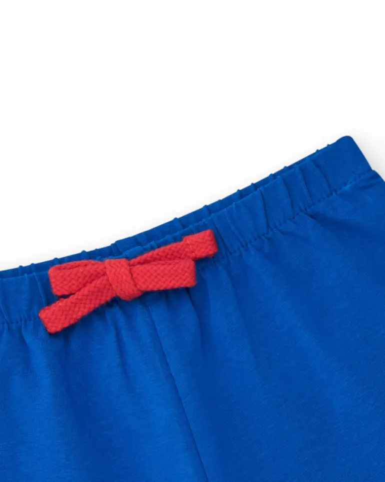 Short bleu pour fille avec taille élastique et nœud rouge