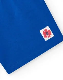 Short bleu pour fille avec taille élastique et nœud rouge