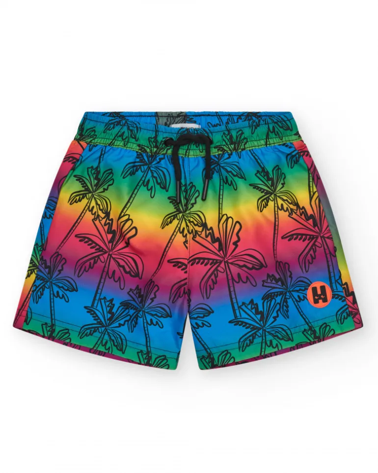 Short de bain multicolore pour garçon avec imprimé palmiers et taille ajustable.