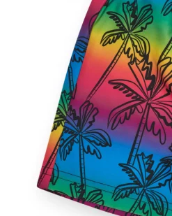 Short de bain multicolore pour garçon avec imprimé palmiers et taille ajustable.