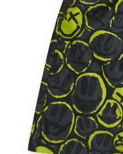 Short de bain noir pour garçon avec imprimé émojis et cordon fluo.