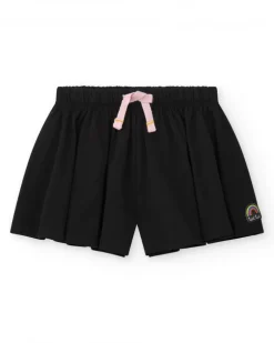 Short noir pour fille avec nœud rose et broderie arc-en-ciel