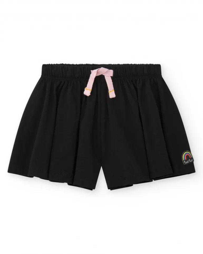 Short noir pour fille avec nœud rose et broderie arc-en-ciel