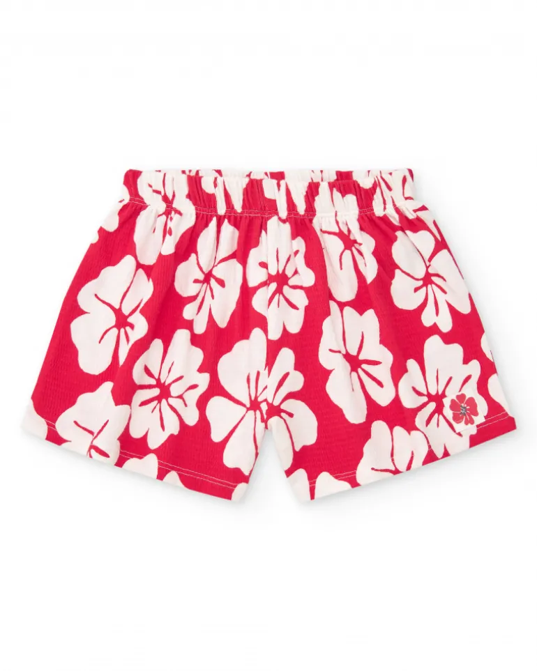 Short pour fille avec imprimé floral en rouge et blanc et taille élastique