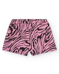 Short pour fille en rose avec imprimé animal et taille élastique.