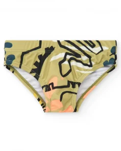 Slip de bain kaki pour garçon avec imprimé de dinosaures