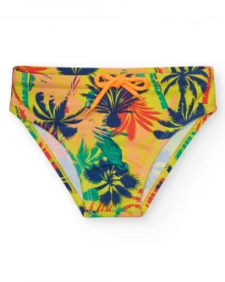 Slip de bain multicolore pour garçon avec imprimé tropical et cordon contrastant.