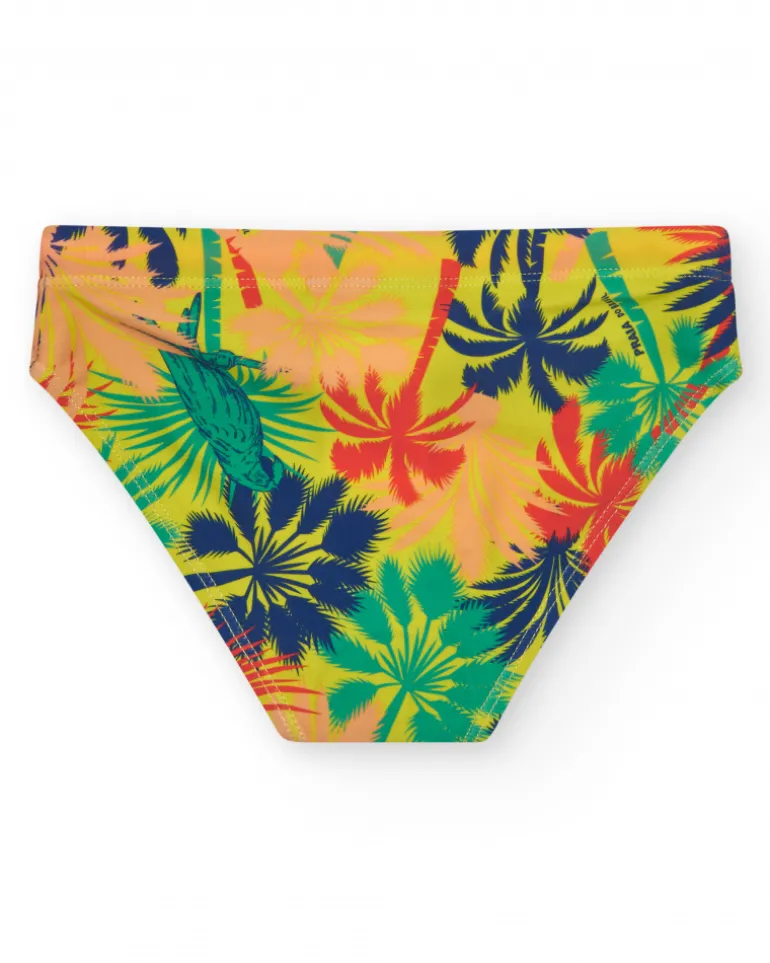 Slip de bain multicolore pour garçon avec imprimé tropical et cordon contrastant.