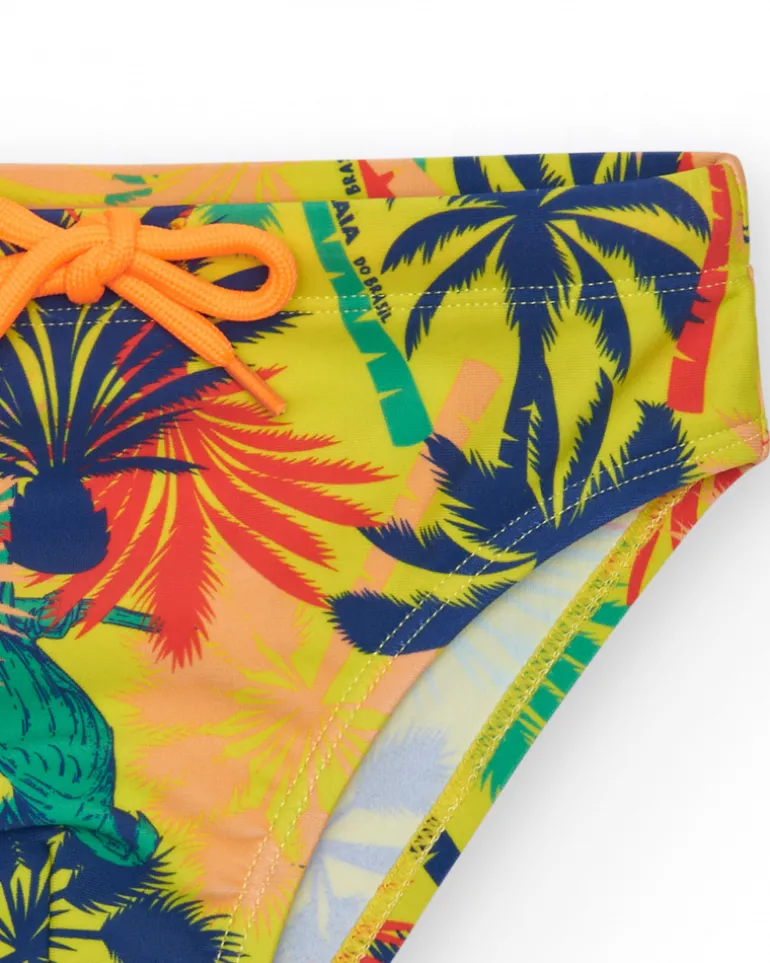 Slip de bain multicolore pour garçon avec imprimé tropical et cordon contrastant.