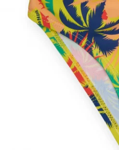 Slip de bain multicolore pour garçon avec imprimé tropical et cordon contrastant.