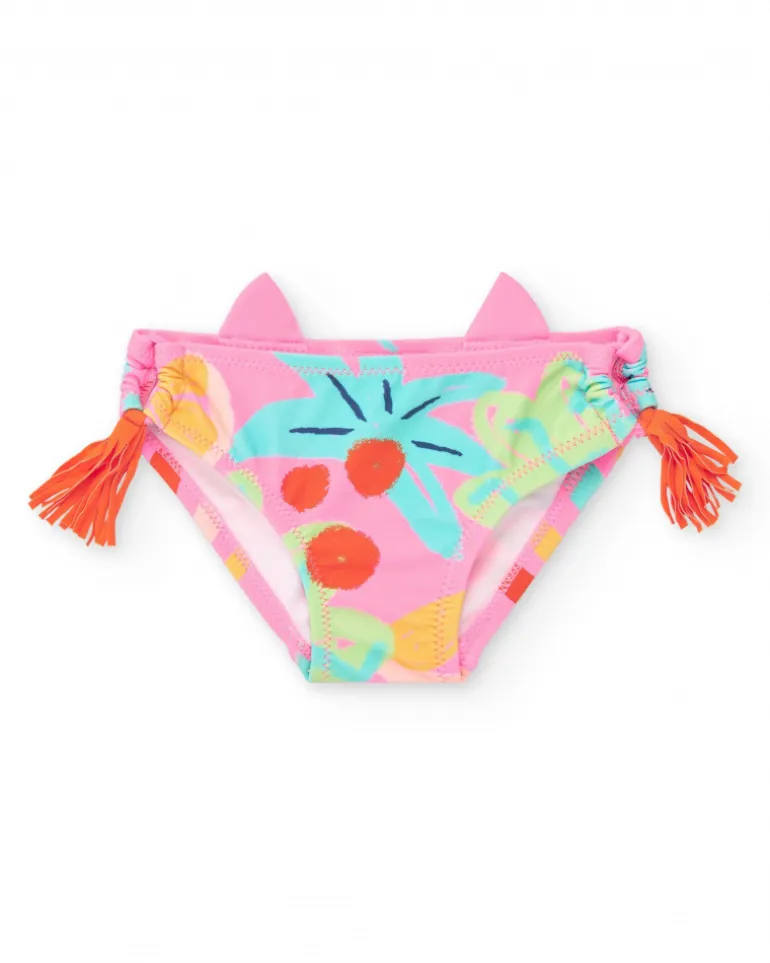 Slip de bain rose pour fille avec oreilles en relief et pompons latéraux