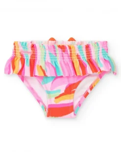 Slip de bain rose pour fille avec imprimé multicolore et volants