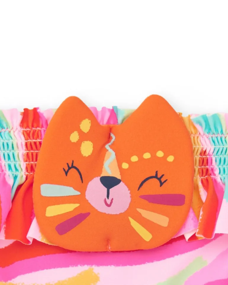 Slip de bain rose pour fille avec imprimé multicolore et volants