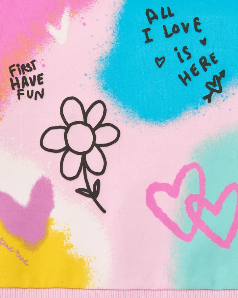 Sudadera para niña en rosa con estampado multicolor y mensajes