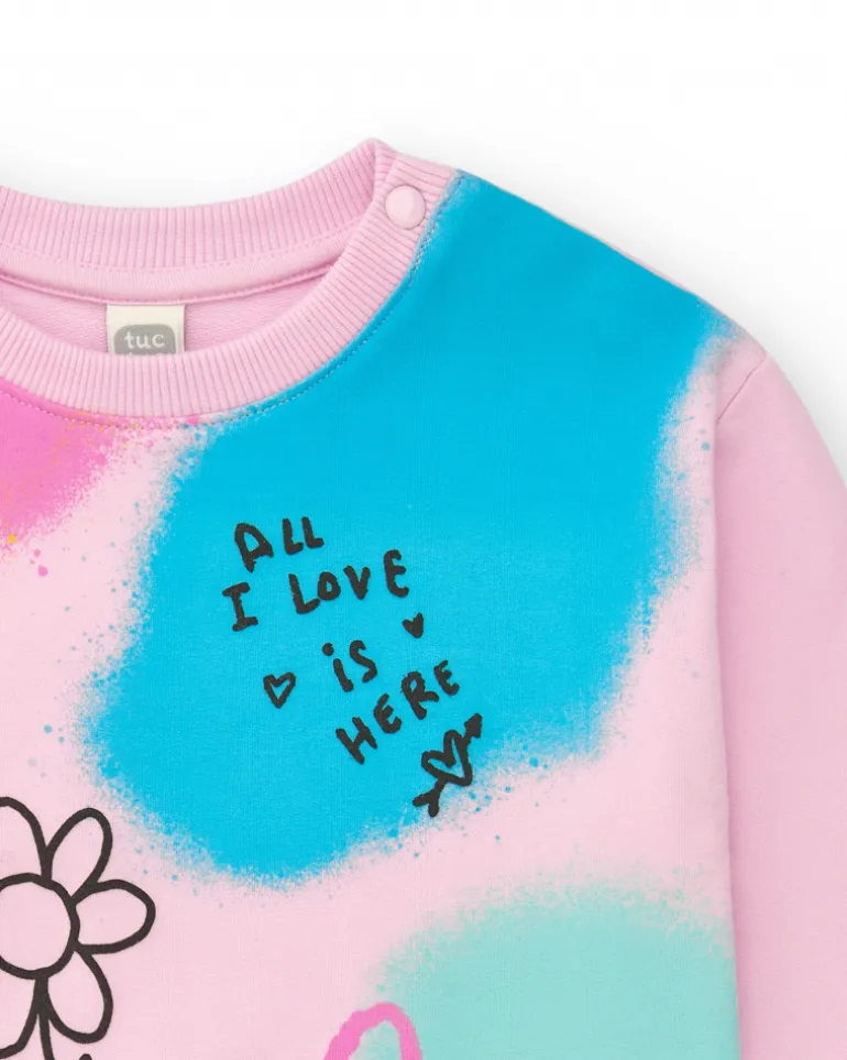 Sudadera para niña en rosa con estampado multicolor y mensajes