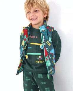 Sweat garçon vert avec motif jeu vidéo "TUC TUC WINS" collection Cyber Dino