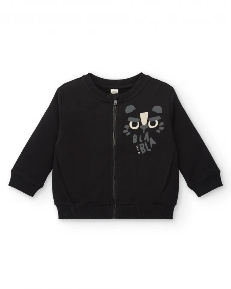 Sweat-shirt en peluche garçon noir avec fermeture éclair et motif tigre collection Cartoon Calling